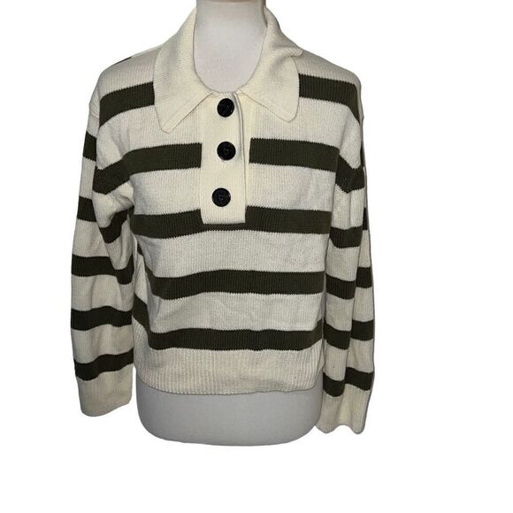 Rails Shae Sweater Ivory Olive Stripe Retro Polo Relaxed Cropped sz S Small $228 - Picture 1 of 9